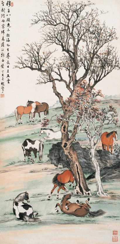 赵敬予 丁亥（1947年）作 八骏图 立轴